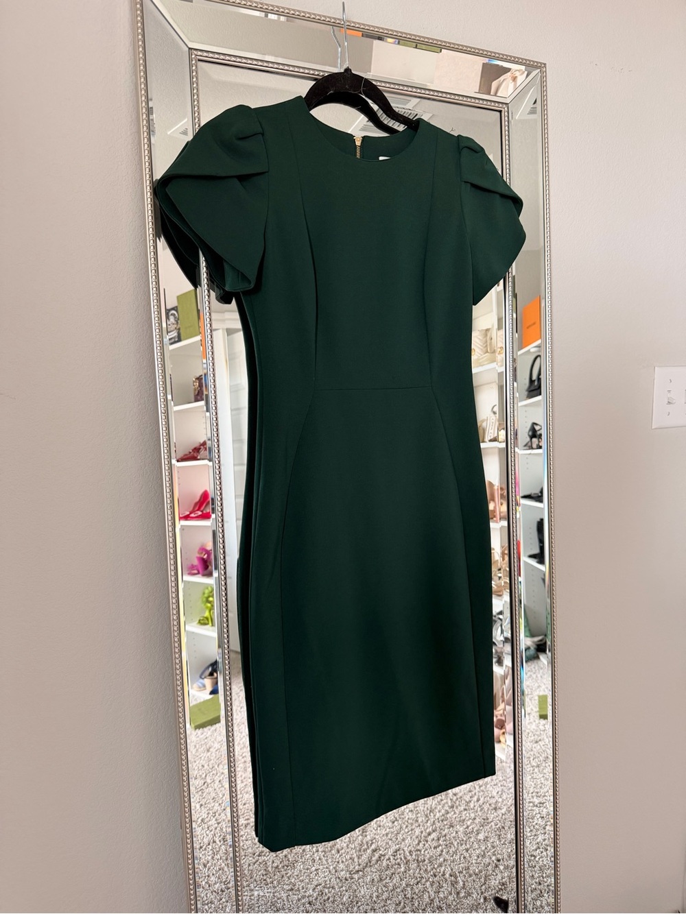 Calvin Klein Dark Green Midi Dress with Puff Sleeves